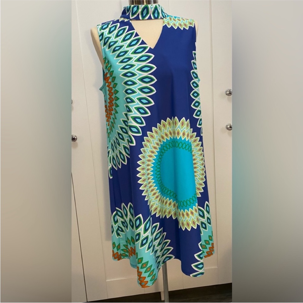 Aryeh Blue & Orange Printed A Line Sleeveless Dress Sz LG NEW!